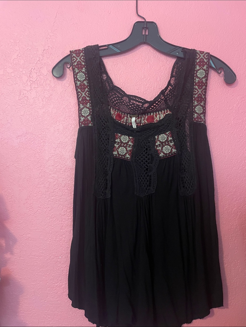 Free People Black Tank Top with Red Embroidery